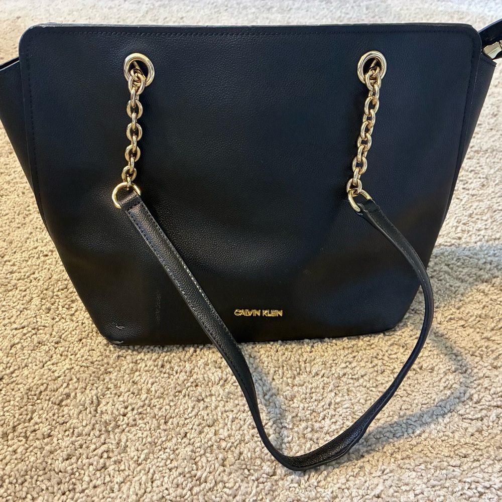 Calvin Klein Black Leather Bag with Gold Accents